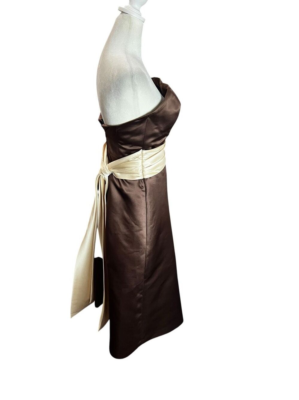 Bill Levkoff Chocolate Brown Satin Strapless Fit Flare Midi Dress Ivory Sash 6 - Picture 4 of 8